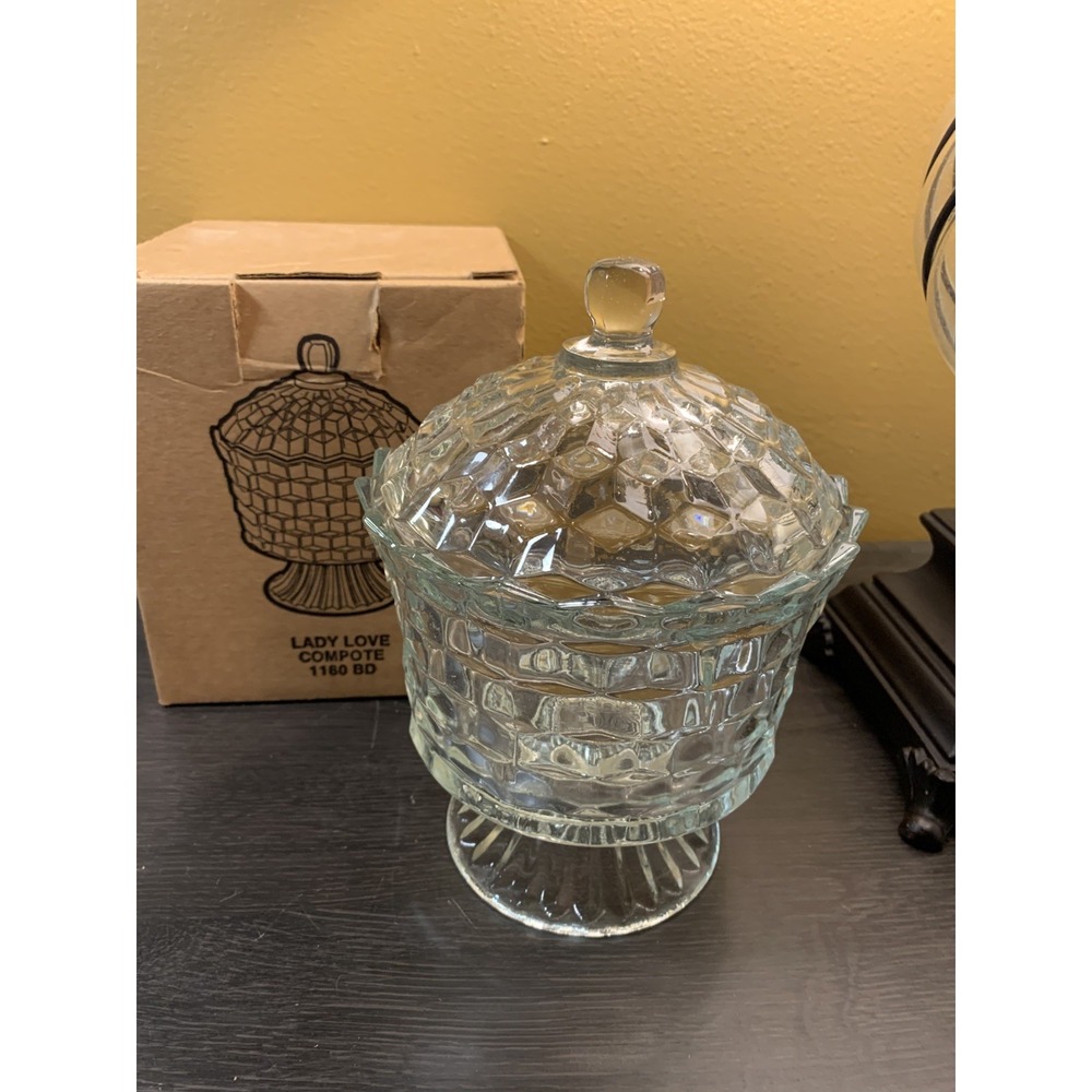 Vintage Homco Lady Love Compote Clear Glass Covered Candy Dish 8" X 6"